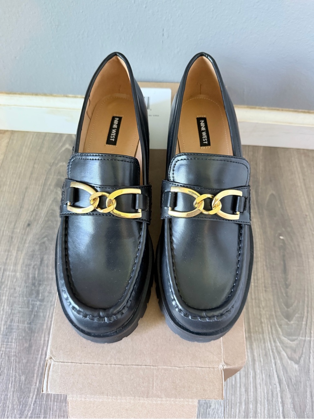 Nine West Black Leather Loafers with Gold Chain Accent